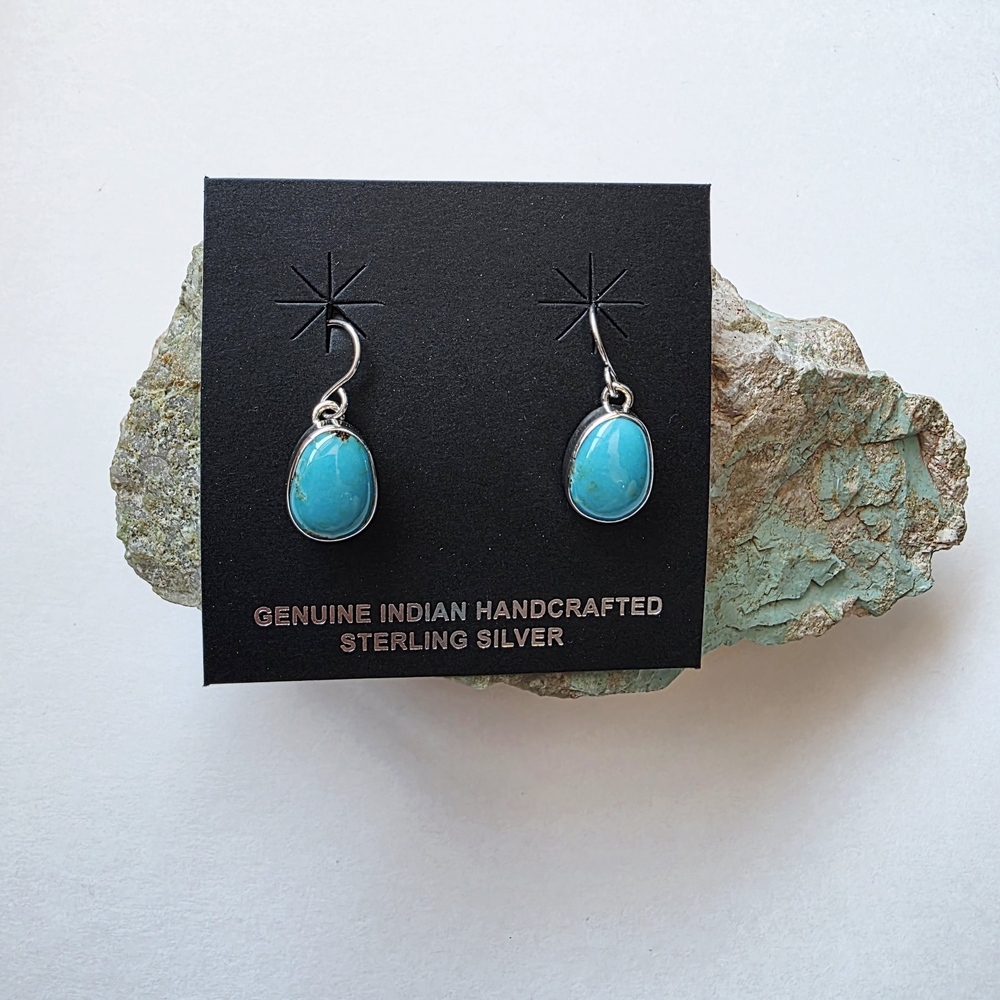 Kingman Turquoise Dangle Earrings Sterling Silver Native American Handmade